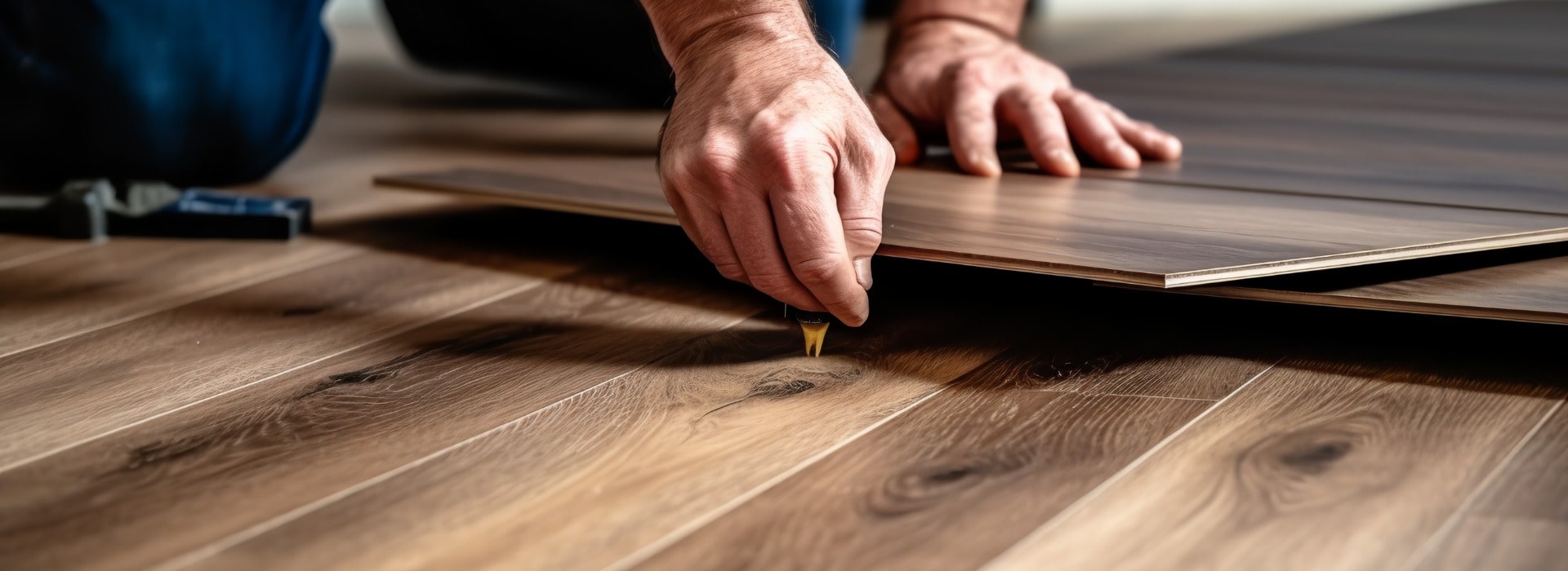 No face shown, Fictional Professional builder man laying laminate flooring at home